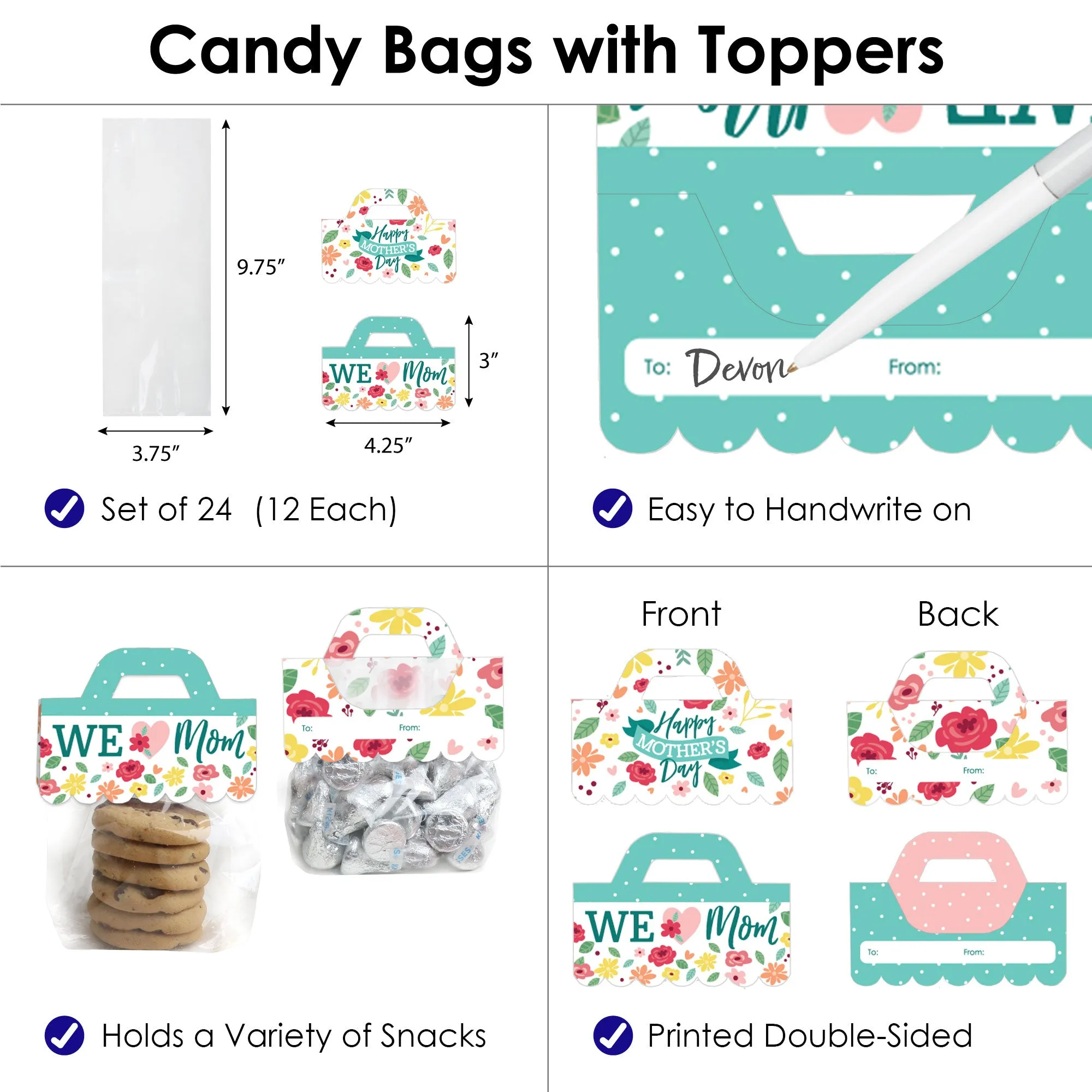 Colorful Floral Happy Mother's Day - DIY We Love Mom Party Clear Goodie Favor Bag Labels - Candy Bags with Toppers - Set of 24