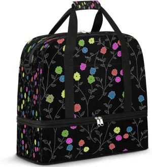 Colorful Flowers Pattern Sports Gym Bag with Shoes Compartment Foldable Travel Duffel Bag Dry Wet Separated Sports Tote Workout Weekender Overnight Bag for Women Yoga Dance Work Training Handbag