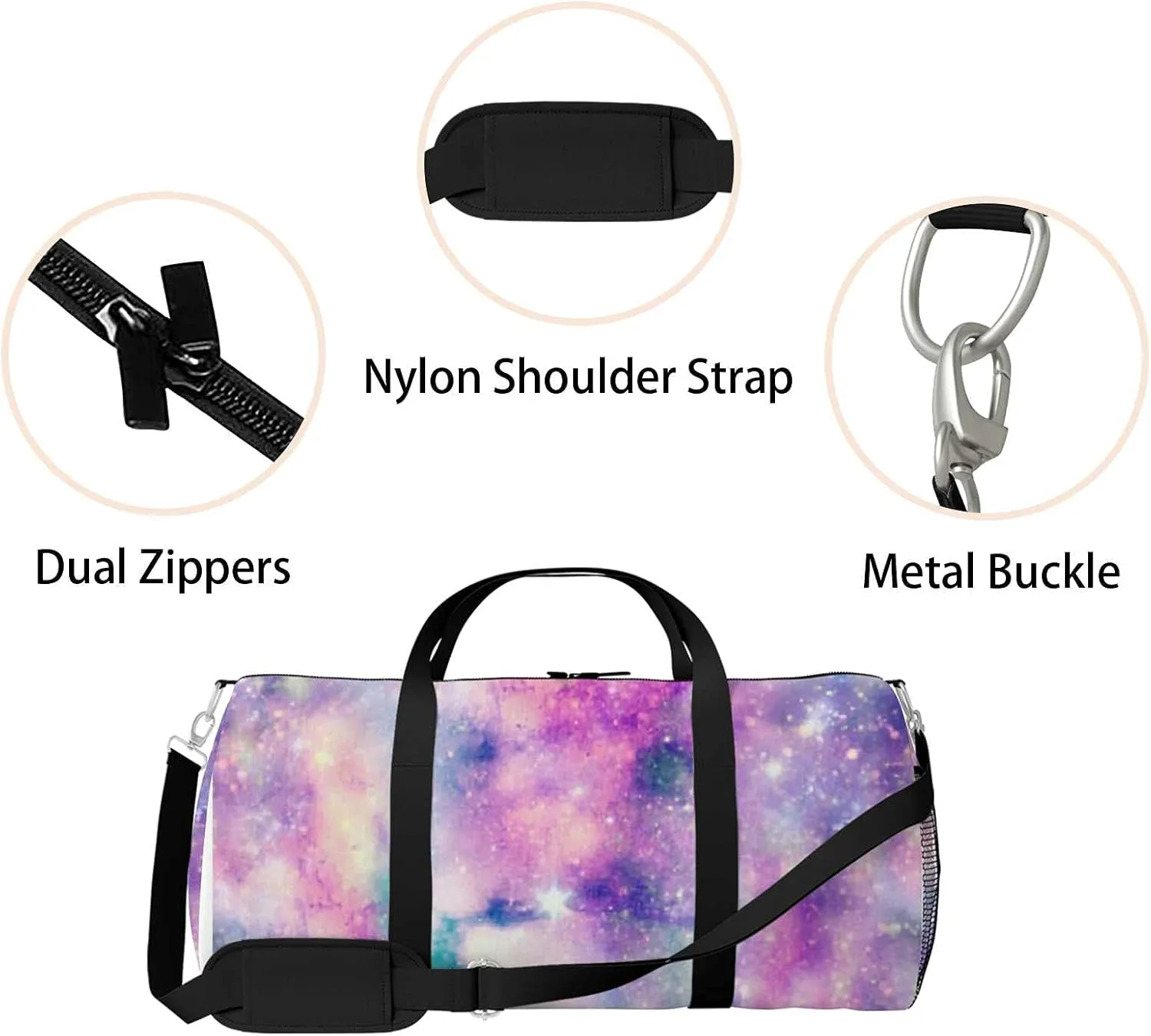 Colorful Galaxy Sports Duffel Bag Travel Gym Tote Bags Lightweight Durable Shoulder Strap Waterproof Polyester Outside Mesh Pocket Overnight Trip Duffel Bag for Women Men
