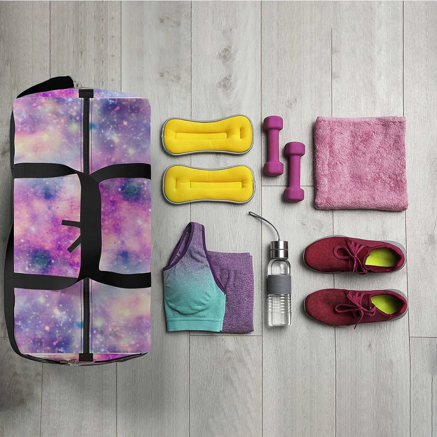 Colorful Galaxy Sports Duffel Bag Travel Gym Tote Bags Lightweight Durable Shoulder Strap Waterproof Polyester Outside Mesh Pocket Overnight Trip Duffel Bag for Women Men