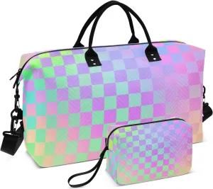 Colorful Laser Design Squares Travel Tote Bag Travel Weekender Gear Bag Workout Bag with Toiletry Bag for Workout Foldable