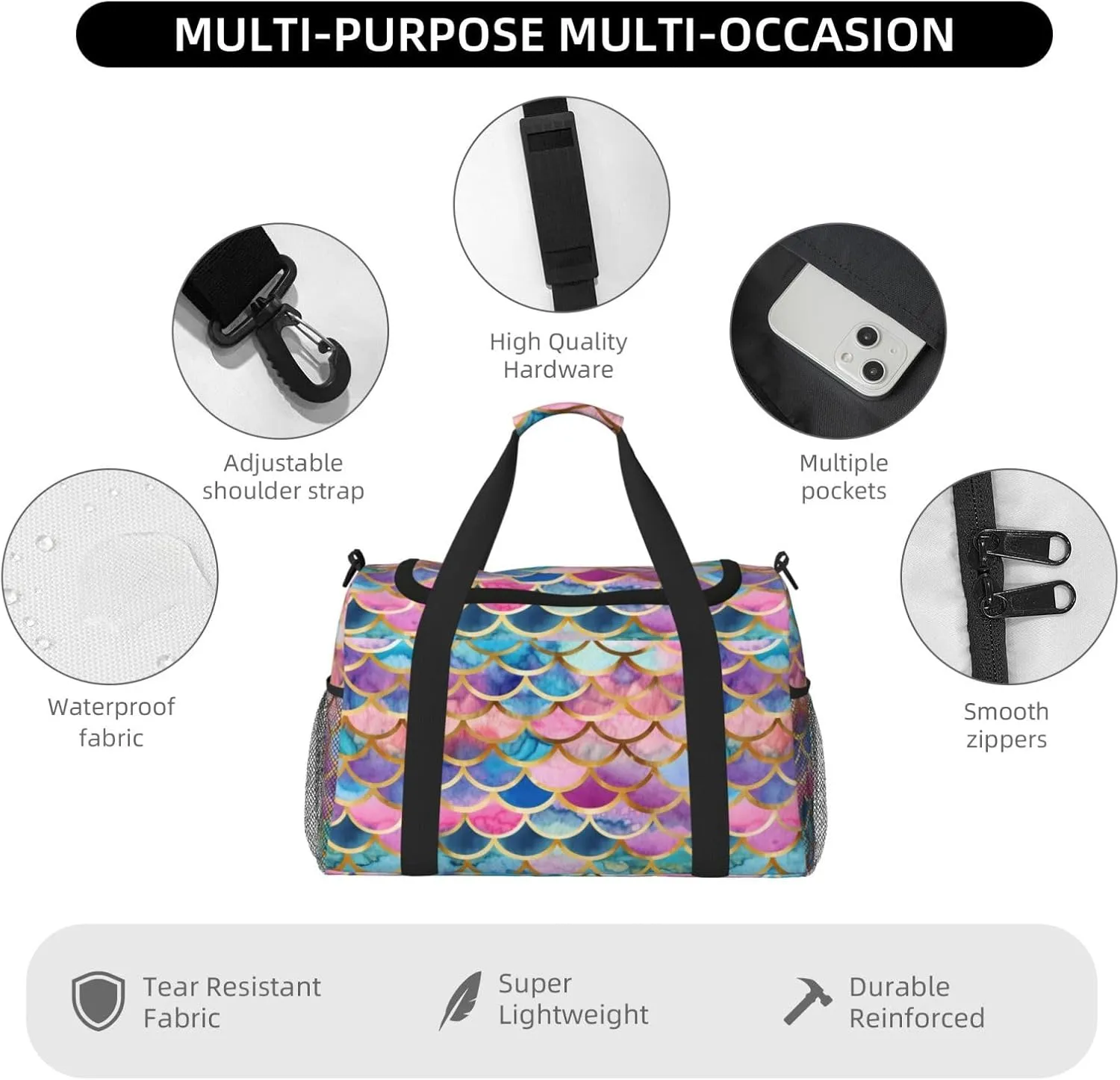 Colorful Mermaid Scale Travel Weekender Overnight Bags Foldable Hand Travel Bag Sport Gym Duffel Bag For Men Women