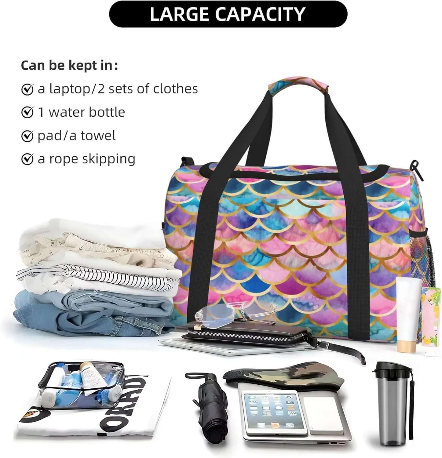Colorful Mermaid Scale Travel Weekender Overnight Bags Foldable Hand Travel Bag Sport Gym Duffel Bag For Men Women