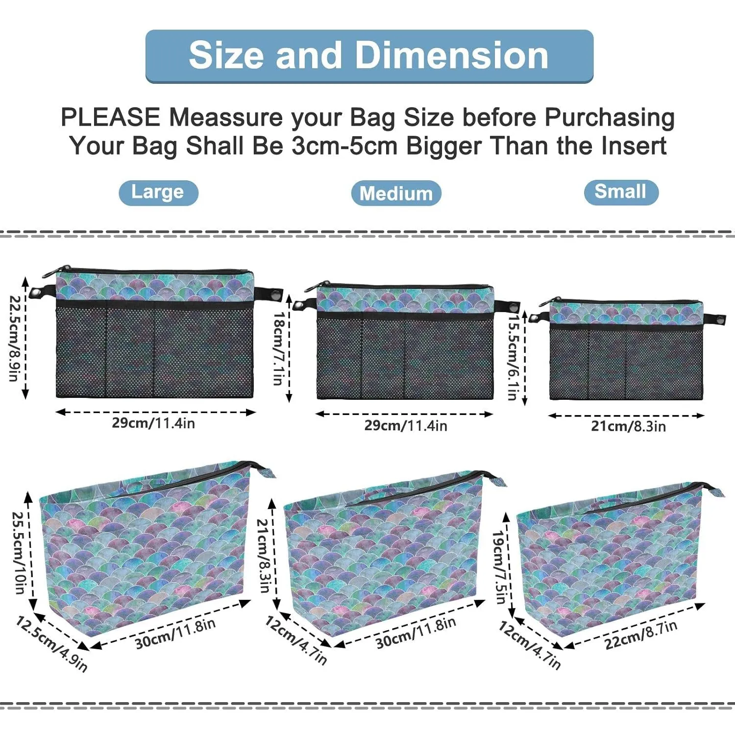 Colorful Mermaid Tail Scales Ocean Wave Blue Green Teal purple Women Cosmetic Storage Handbag Case Portable Coin Purse, Makeup Bag Toiletry Handbag Organizer, Large Ladies Pouch Holder L