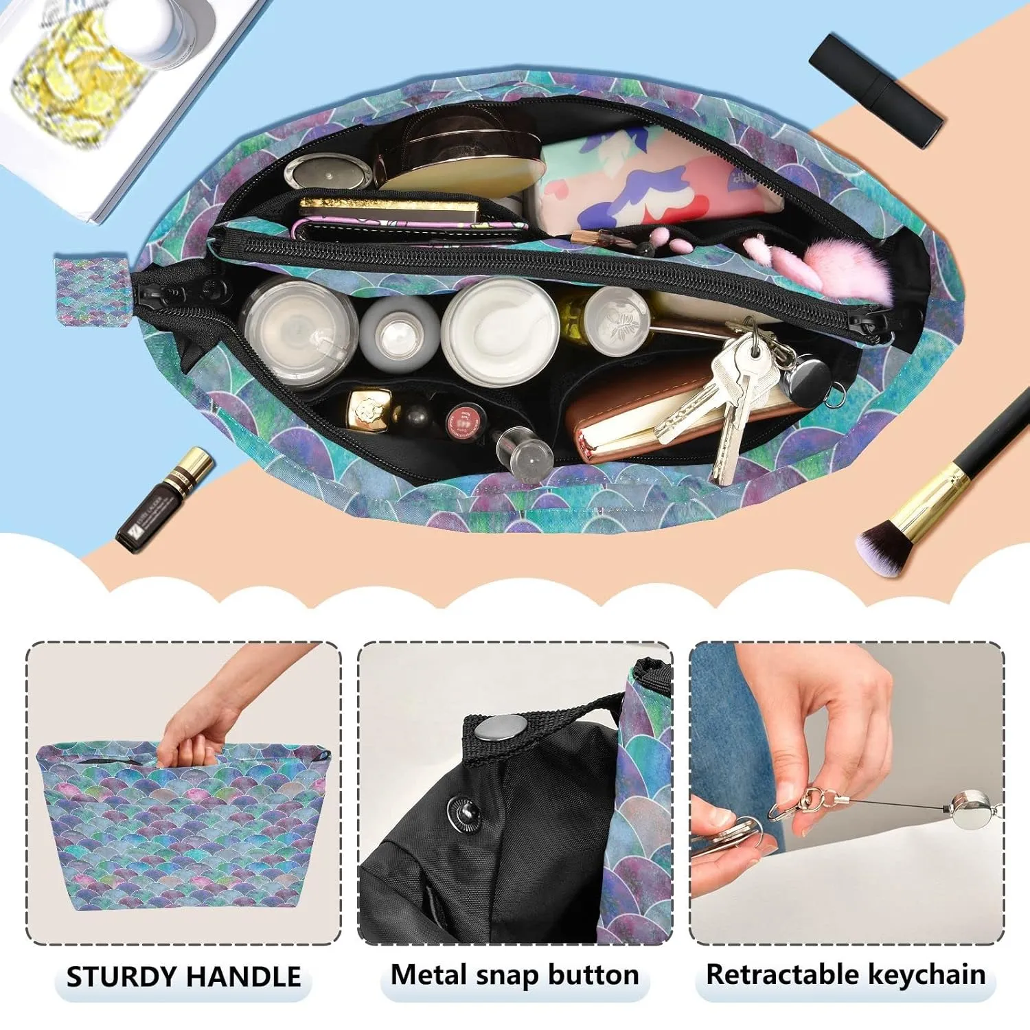 Colorful Mermaid Tail Scales Ocean Wave Blue Green Teal purple Women Cosmetic Storage Handbag Case Portable Coin Purse, Makeup Bag Toiletry Handbag Organizer, Large Ladies Pouch Holder L