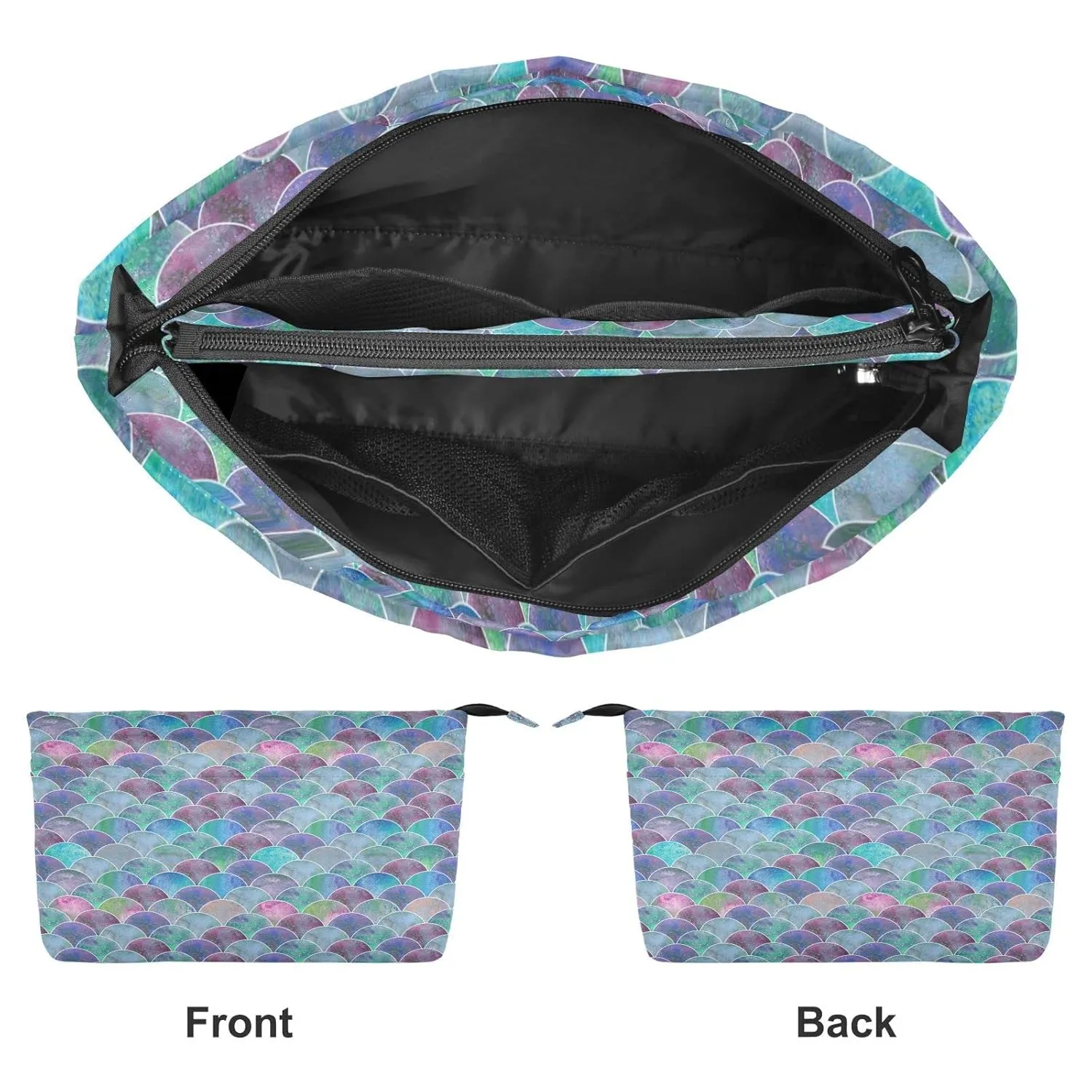 Colorful Mermaid Tail Scales Ocean Wave Blue Green Teal purple Women Cosmetic Storage Handbag Case Portable Coin Purse, Makeup Bag Toiletry Handbag Organizer, Large Ladies Pouch Holder L