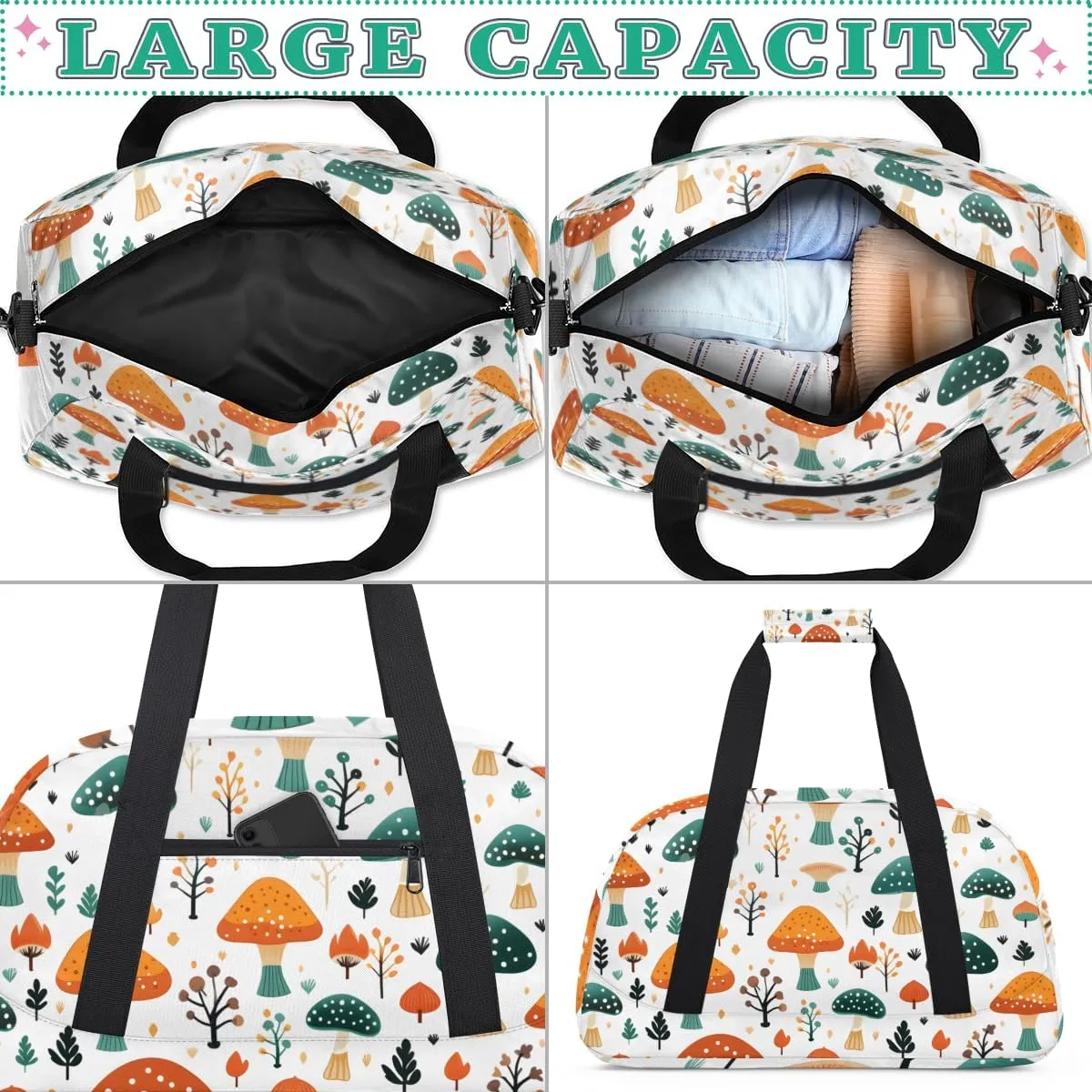 Colorful Mushrooms Boys Girls Gym Bag Dance Perform Training Duffel Bags Weekender Carry-On Tote Luggage Bag Ideal for School Practice or Overnight Trips