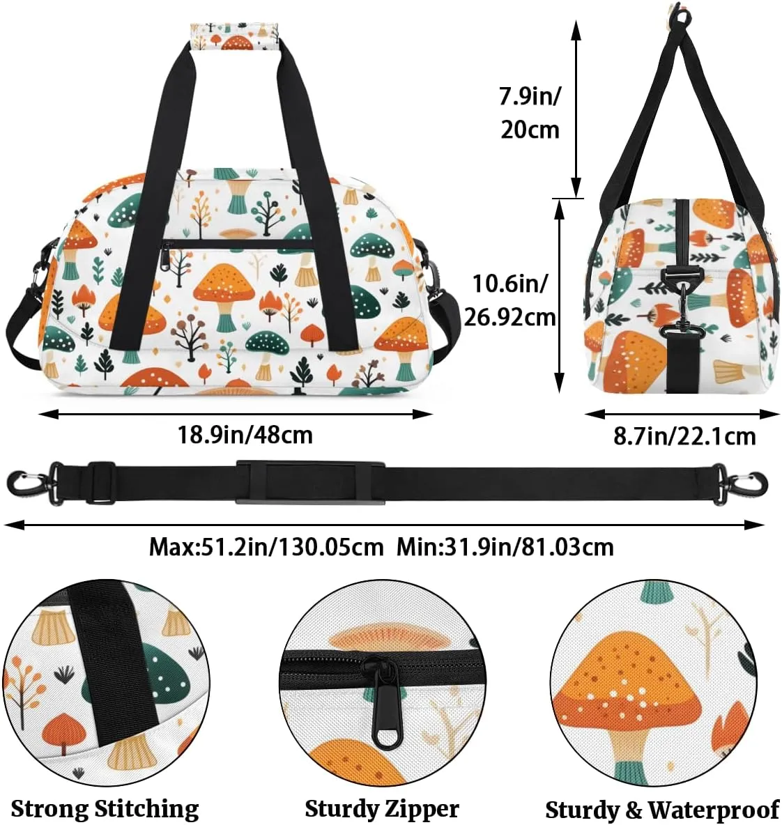Colorful Mushrooms Boys Girls Gym Bag Dance Perform Training Duffel Bags Weekender Carry-On Tote Luggage Bag Ideal for School Practice or Overnight Trips