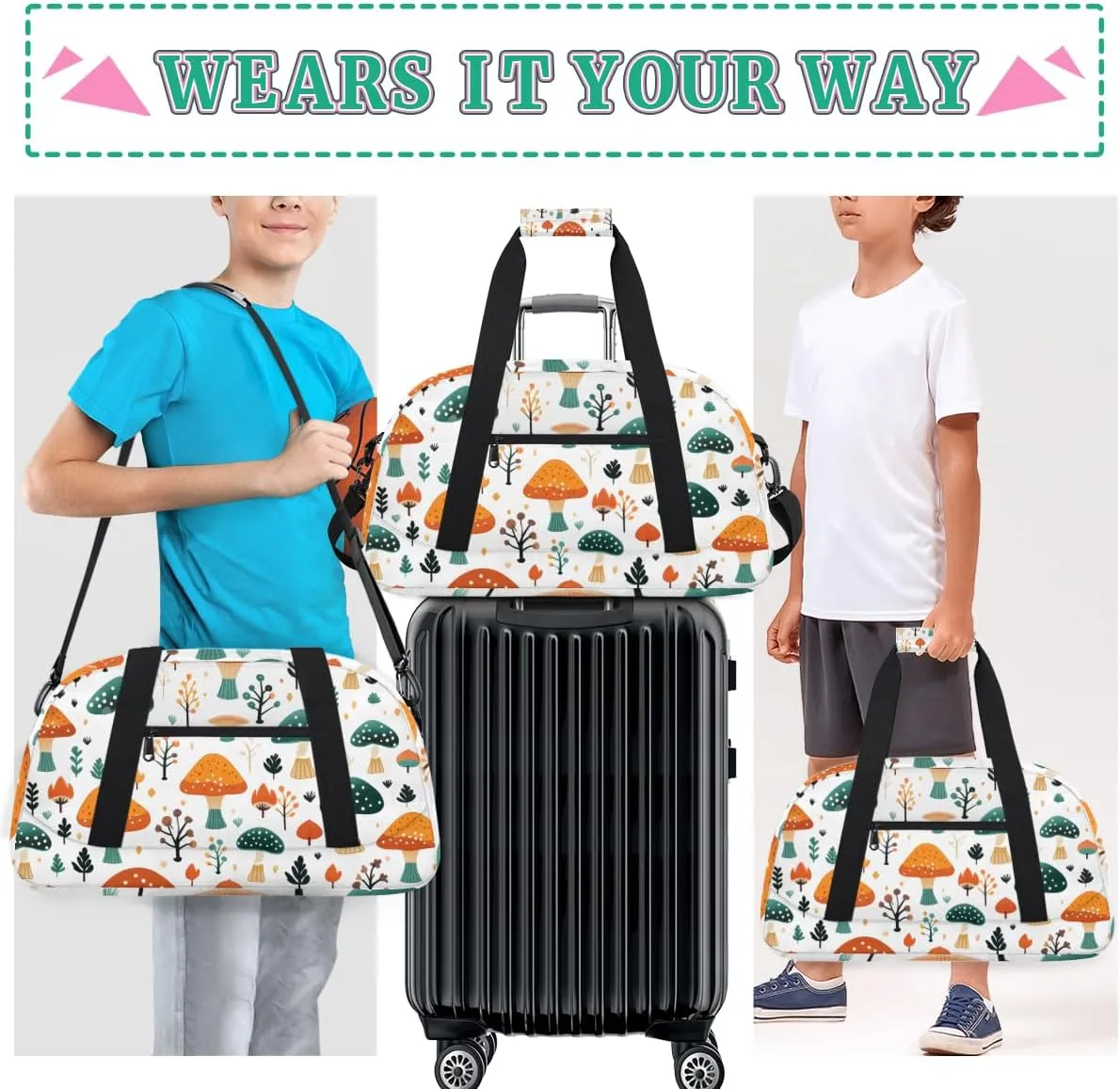 Colorful Mushrooms Boys Girls Gym Bag Dance Perform Training Duffel Bags Weekender Carry-On Tote Luggage Bag Ideal for School Practice or Overnight Trips