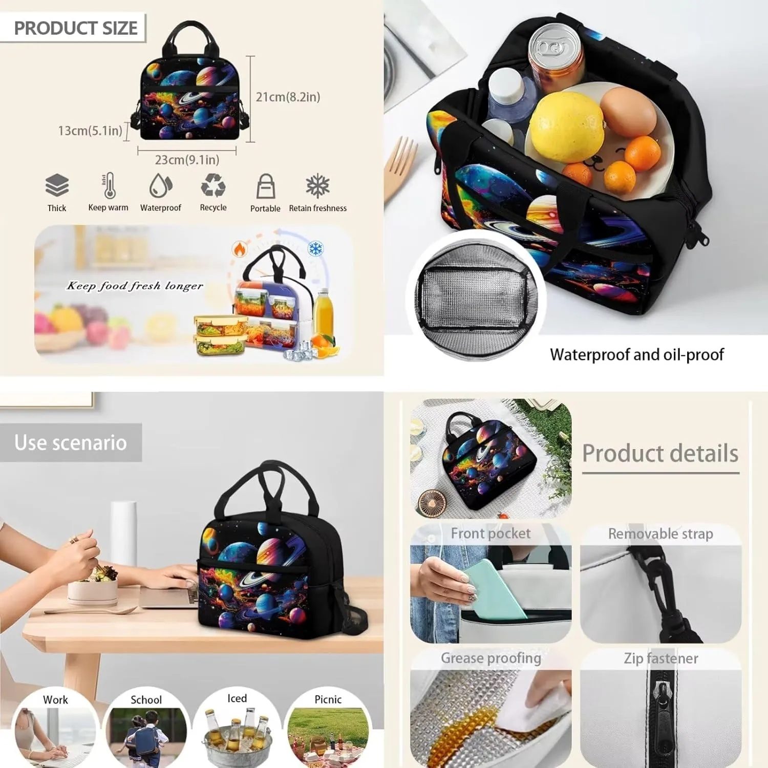 Colorful Planets Kids Bookbag and Lunch Box Set 4 Pieces School Backpack for Boys 4-6 Portable Boys School Bags 5th Grade Backpack Boys Travel Rucksack