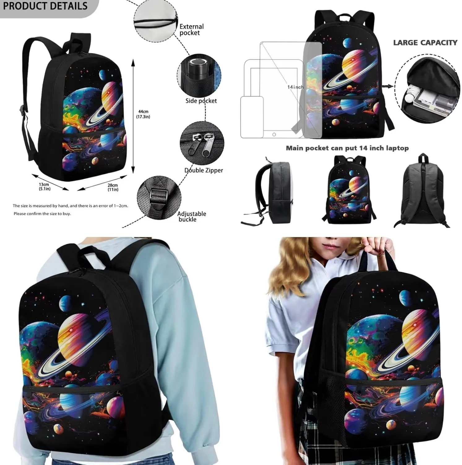 Colorful Planets Kids Bookbag and Lunch Box Set 4 Pieces School Backpack for Boys 4-6 Portable Boys School Bags 5th Grade Backpack Boys Travel Rucksack