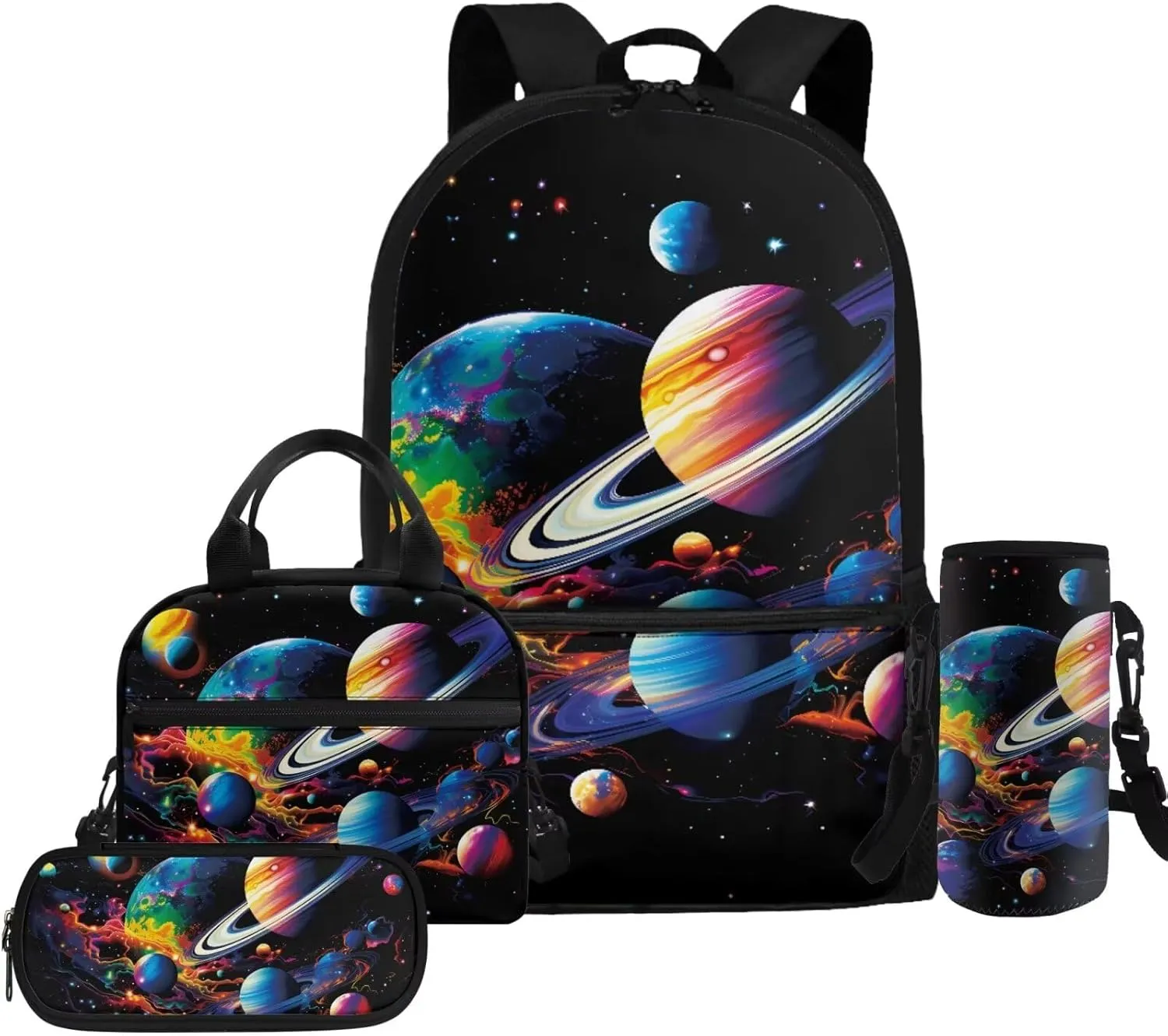 Colorful Planets Kids Bookbag and Lunch Box Set 4 Pieces School Backpack for Boys 4-6 Portable Boys School Bags 5th Grade Backpack Boys Travel Rucksack