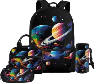 Colorful Planets Kids Bookbag and Lunch Box Set 4 Pieces School Backpack for Boys 4-6 Portable Boys School Bags 5th Grade Backpack Boys Travel Rucksack