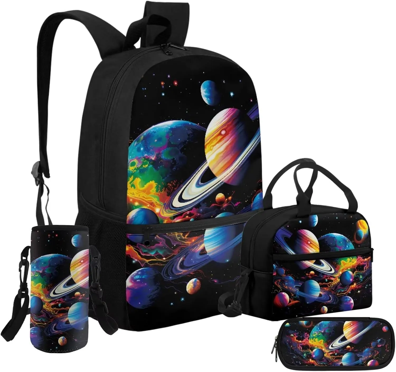 Colorful Planets Kids Bookbag and Lunch Box Set 4 Pieces School Backpack for Boys 4-6 Portable Boys School Bags 5th Grade Backpack Boys Travel Rucksack