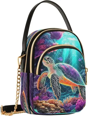 Colorful Sea Turtle Ocean Coral Reefs Seaweed Crossbody Bag for Women Shoulder Handbag Ladies Purse Cell Phone Tote Bags