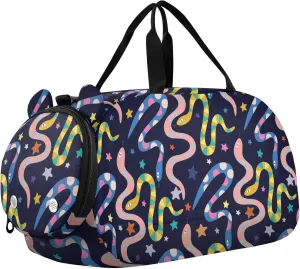 Colorful Snakes and Stars Sports Duffle Bag for Girls Boys, Gym Bag with Shoe Compartment, Kids Travel Overnight Weekender Shoulder Bag