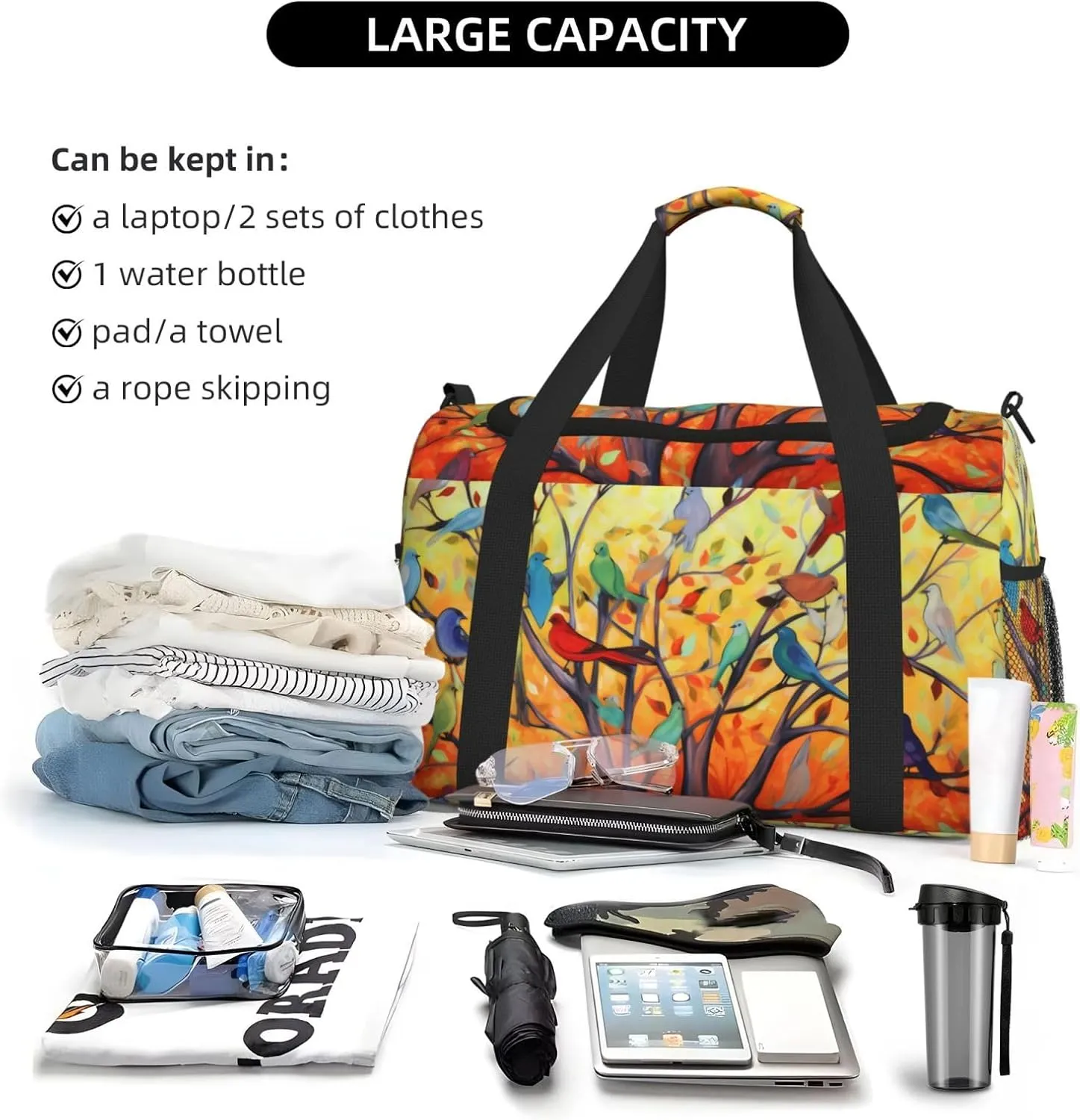 Colorful Tree Birds Travel Weekender Overnight Bags Foldable Hand Travel Bag Sport Gym Duffel Bag For Men Women