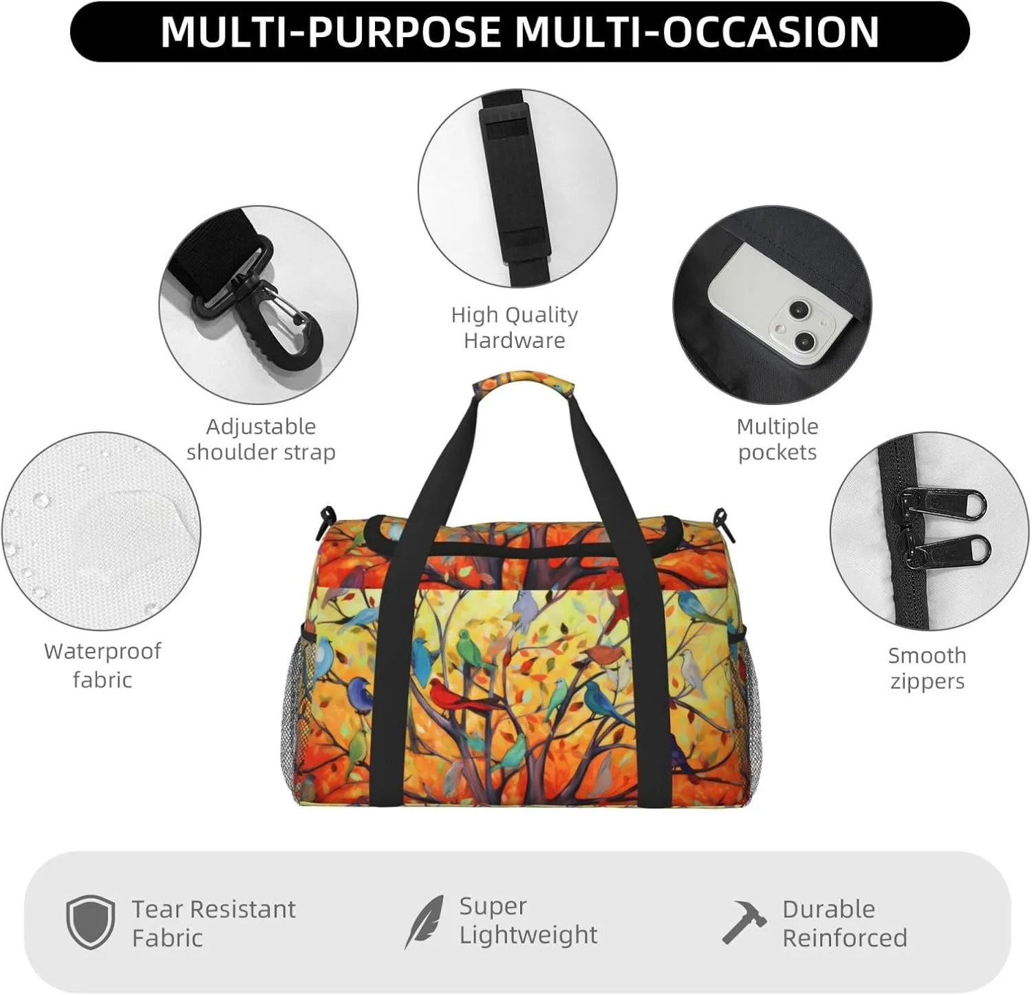 Colorful Tree Birds Travel Weekender Overnight Bags Foldable Hand Travel Bag Sport Gym Duffel Bag For Men Women