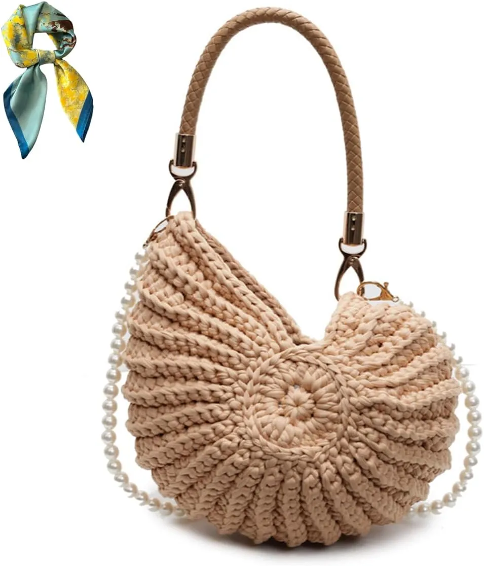 Conch/Shell Shoulder Handbag,Handwoven Fashion Seashell Bag,Stylish & Unique Boho Clutch with Pearl Strap