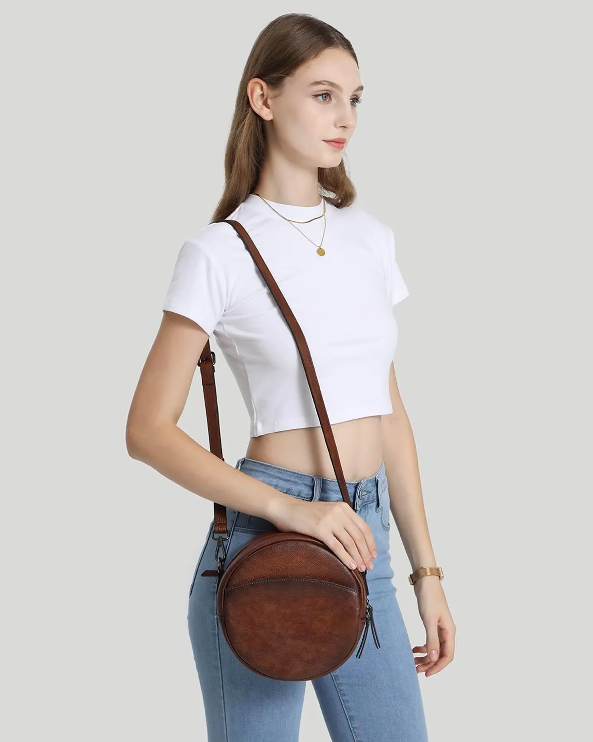 COOLCY Leather Crossbody Bags for Women, Circle Purse Shoulder Bag, Fashion Round Handbag for Travel, 2 Adjustable Strap