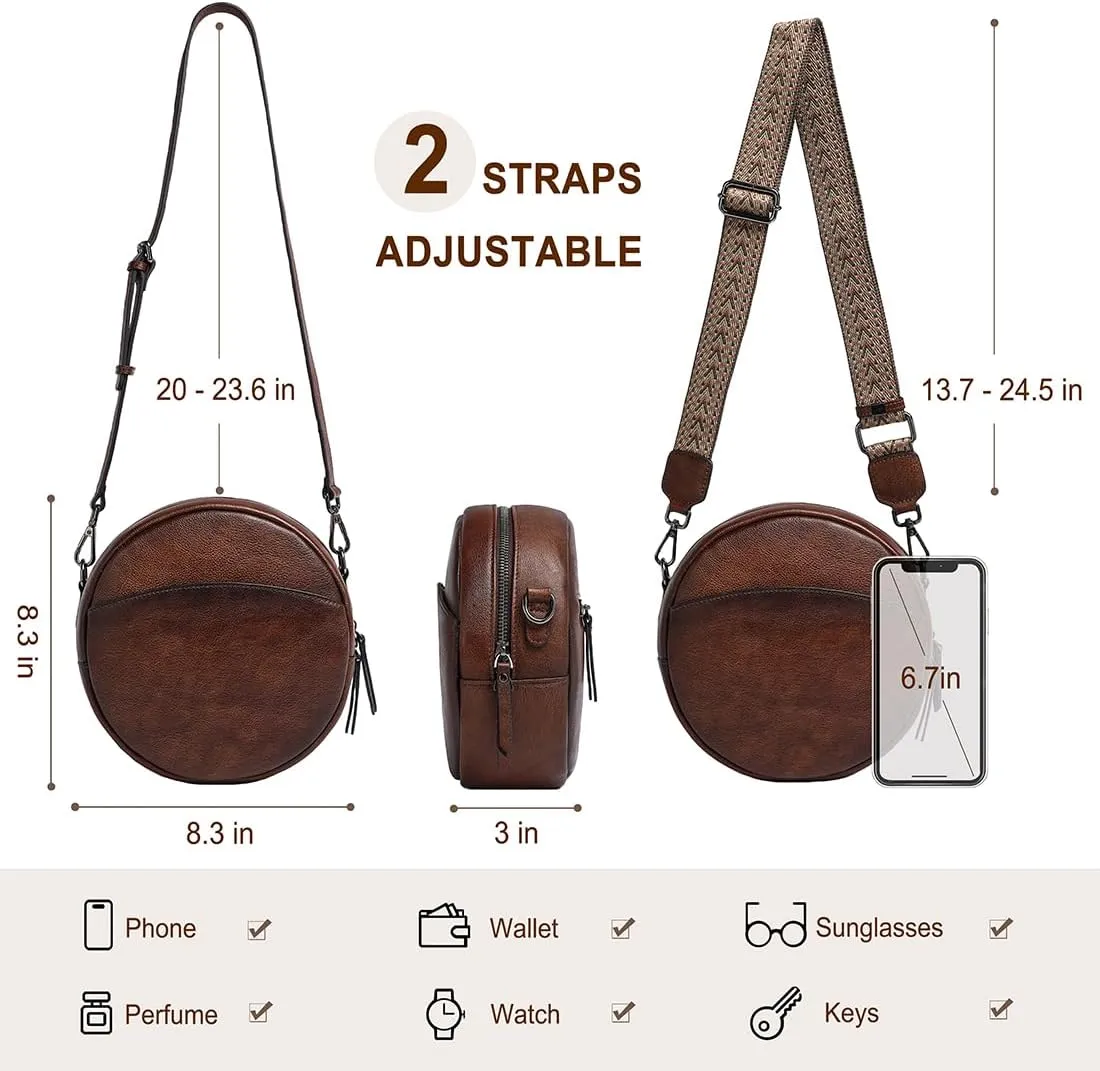 COOLCY Leather Crossbody Bags for Women, Circle Purse Shoulder Bag, Fashion Round Handbag for Travel, 2 Adjustable Strap