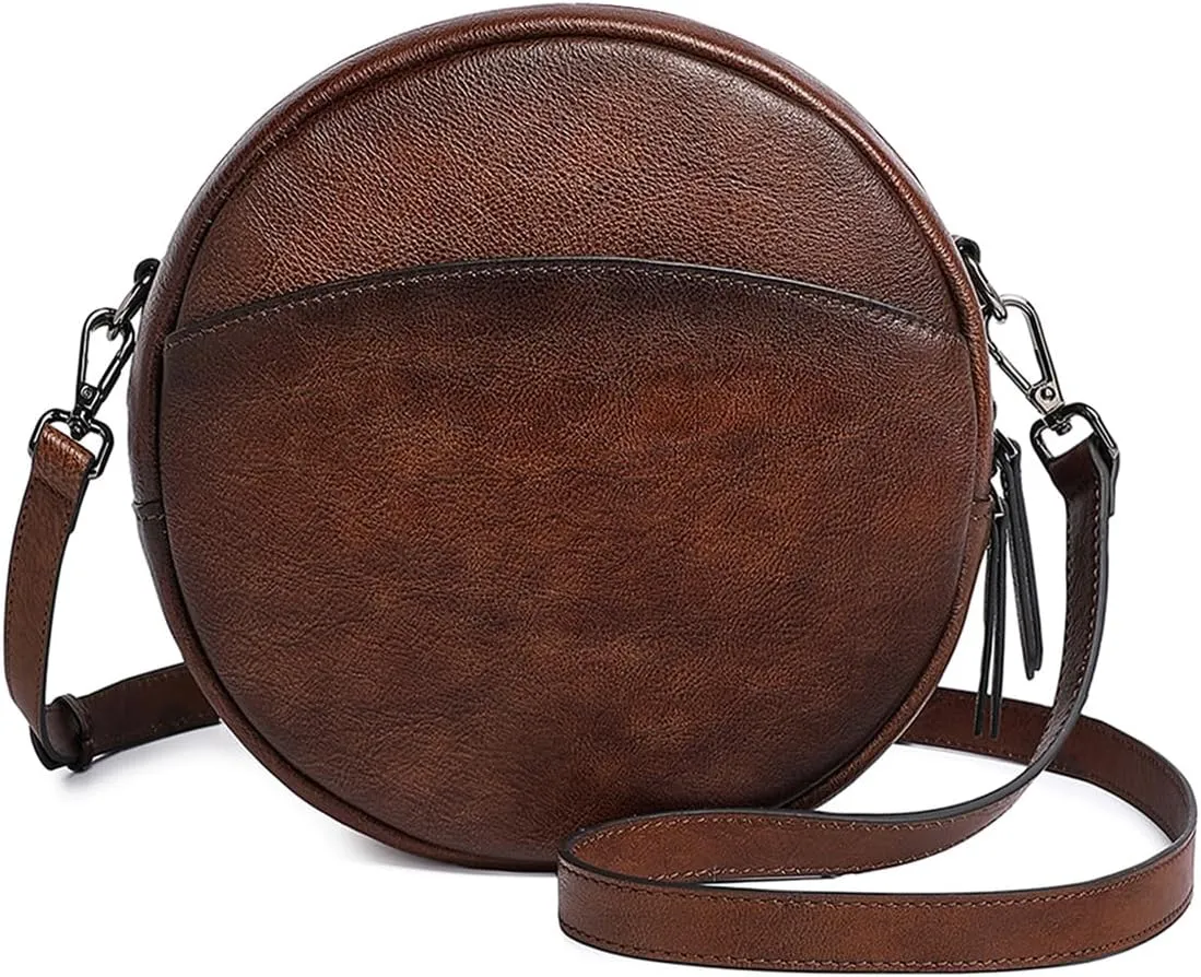 COOLCY Leather Crossbody Bags for Women, Circle Purse Shoulder Bag, Fashion Round Handbag for Travel, 2 Adjustable Strap