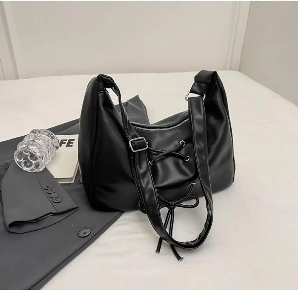 Coquette Crossbody Bag Women Bow Tie Pearl Luster Balletcore Shoulder Bag Soft Leather Adjustable Hobo Bag Tote Bags