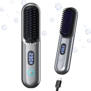 Cordless Hair Straightener Brush - Portable Straightener Brush with 9 Temp Settings, Mini Straightening Comb for Travel, 9600mAh Rechargeable Batt & 224 Million Negative Ions (Metallic Grey)