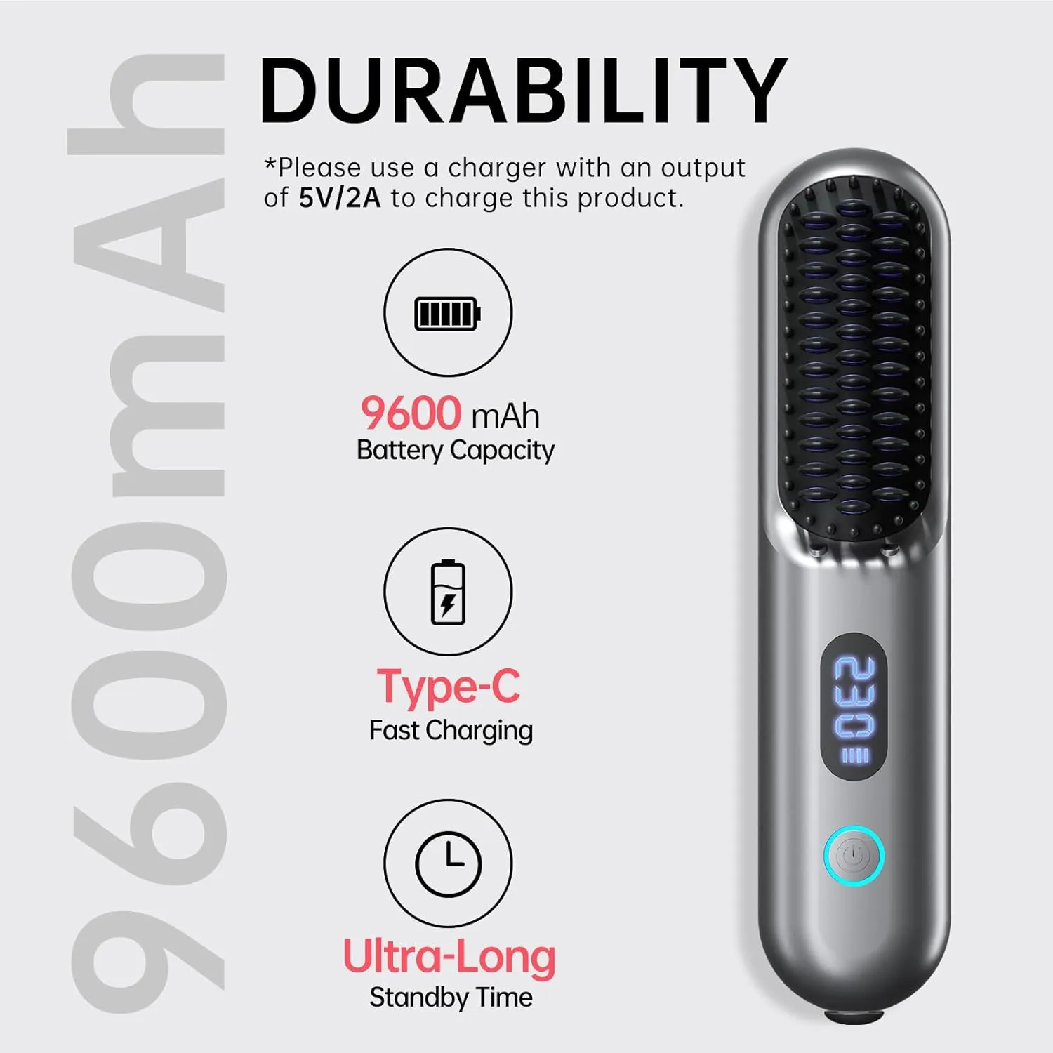 Cordless Hair Straightener Brush - Portable Straightener Brush with 9 Temp Settings, Mini Straightening Comb for Travel, 9600mAh Rechargeable Batt & 224 Million Negative Ions (Metallic Grey)