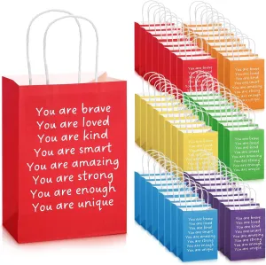 Coume 48 Pcs End of the Year Gifts Bags for Students Inspiration Rainbow Colored Gift Bags Rainbow Quotes Kraft Paper Bag with Handles Birthday Party Supplies, 5.9 x 3.15 x 8.27inches