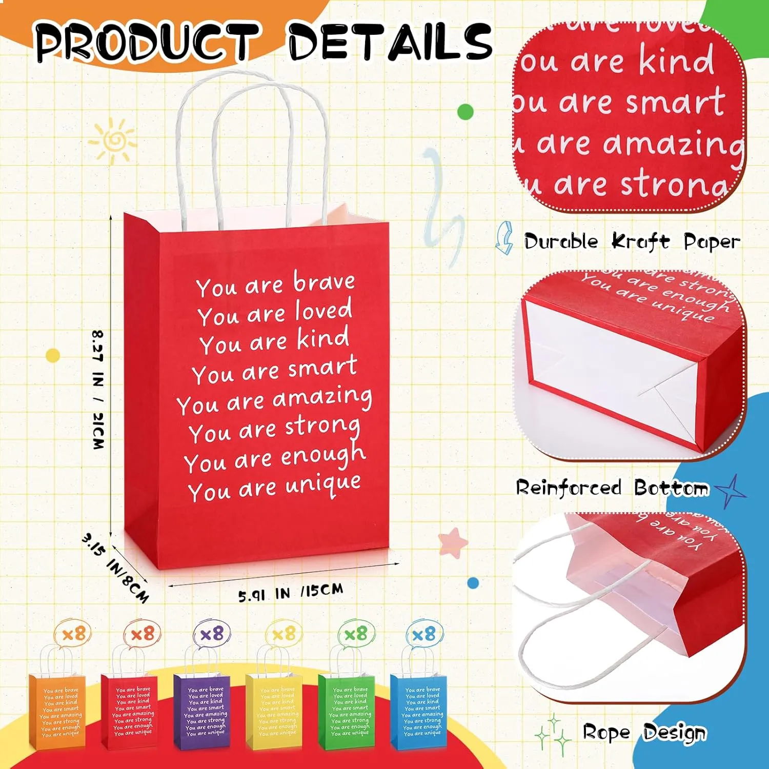Coume 48 Pcs End of the Year Gifts Bags for Students Inspiration Rainbow Colored Gift Bags Rainbow Quotes Kraft Paper Bag with Handles Birthday Party Supplies, 5.9 x 3.15 x 8.27inches