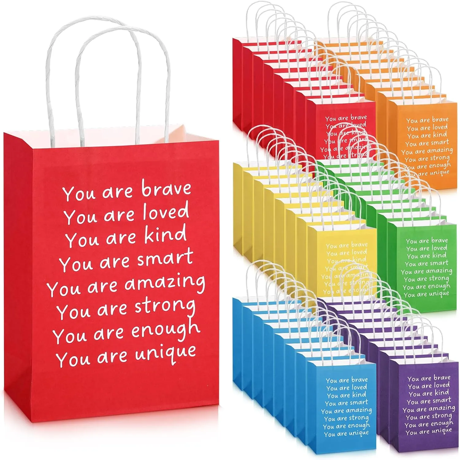 Coume 48 Pcs End of the Year Gifts Bags for Students Inspiration Rainbow Colored Gift Bags Rainbow Quotes Kraft Paper Bag with Handles Birthday Party Supplies, 5.9 x 3.15 x 8.27inches