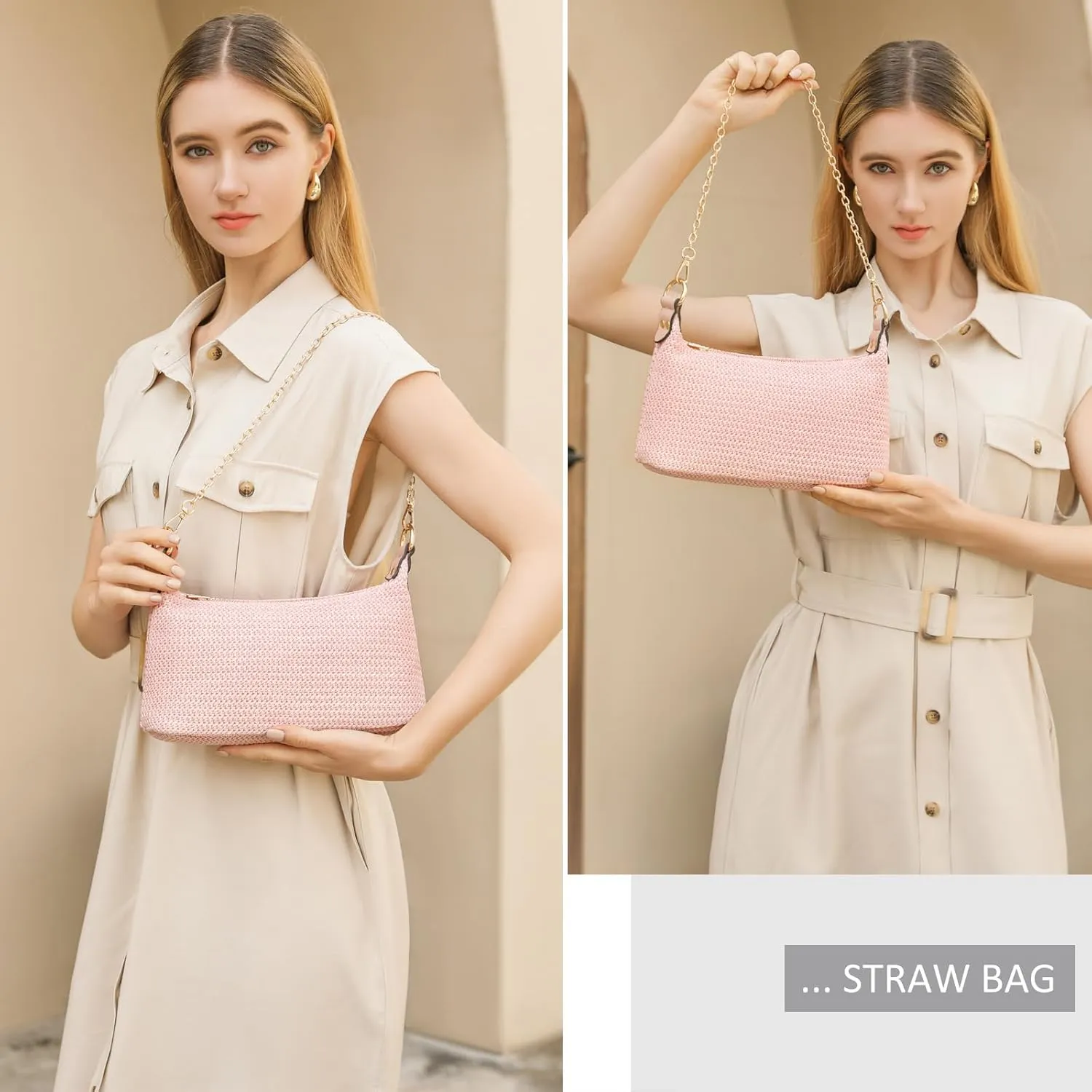 CROJUYI Straw Shoulder Bag for Women Soft Small Woven Shoulder Purse Handbag,Beach Tote Straw Bag for Summer