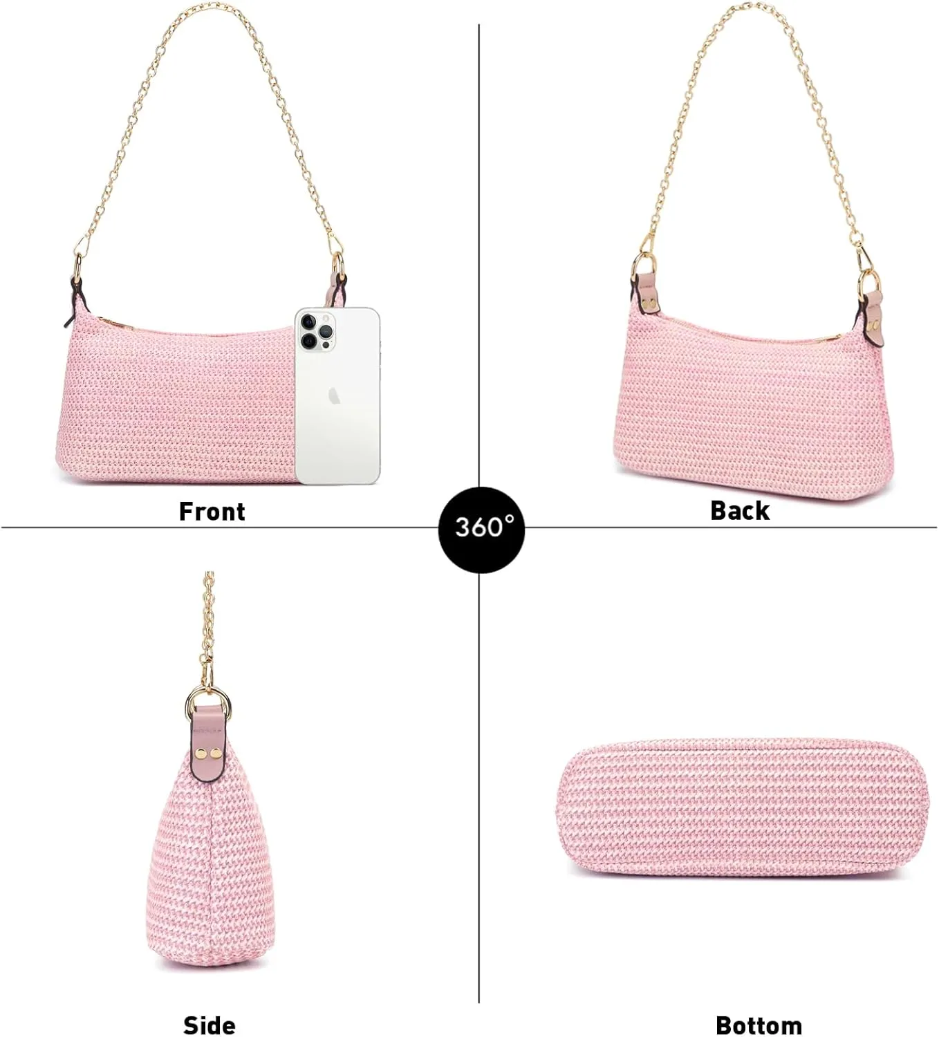 CROJUYI Straw Shoulder Bag for Women Soft Small Woven Shoulder Purse Handbag,Beach Tote Straw Bag for Summer