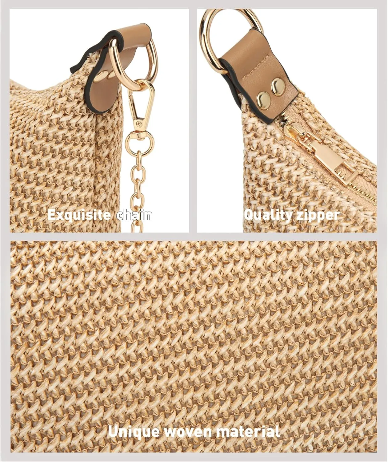 CROJUYI Straw Shoulder Bag for Women Soft Small Woven Shoulder Purse Handbag,Beach Tote Straw Bag for Summer