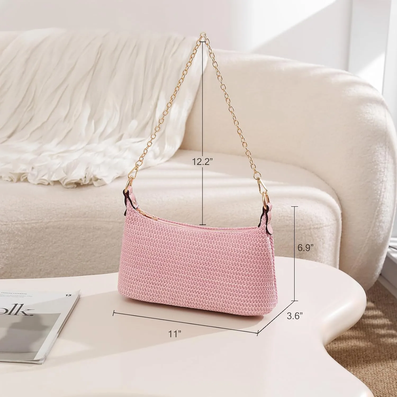 CROJUYI Straw Shoulder Bag for Women Soft Small Woven Shoulder Purse Handbag,Beach Tote Straw Bag for Summer