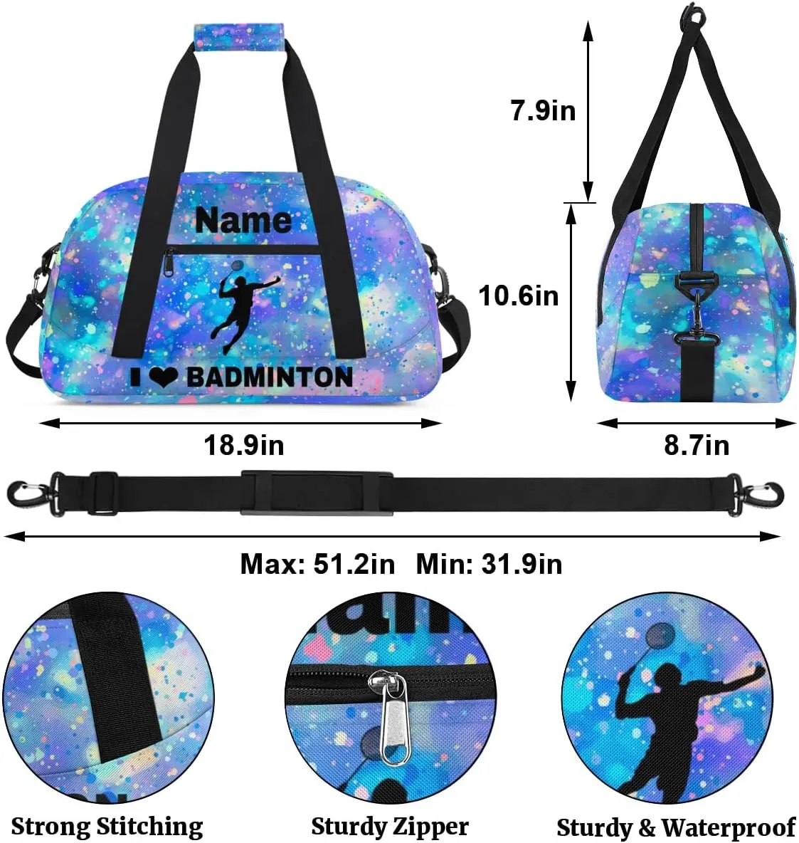 Custom Sport Duffel Bag Badminton Personalized Name Sports Bag Overnight Weekender Bag Waterproof Travel Sport Gym Bags, Colorful Glitter