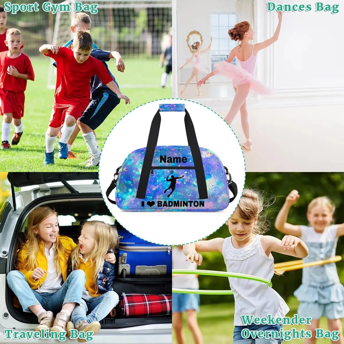 Custom Sport Duffel Bag Badminton Personalized Name Sports Bag Overnight Weekender Bag Waterproof Travel Sport Gym Bags, Colorful Glitter