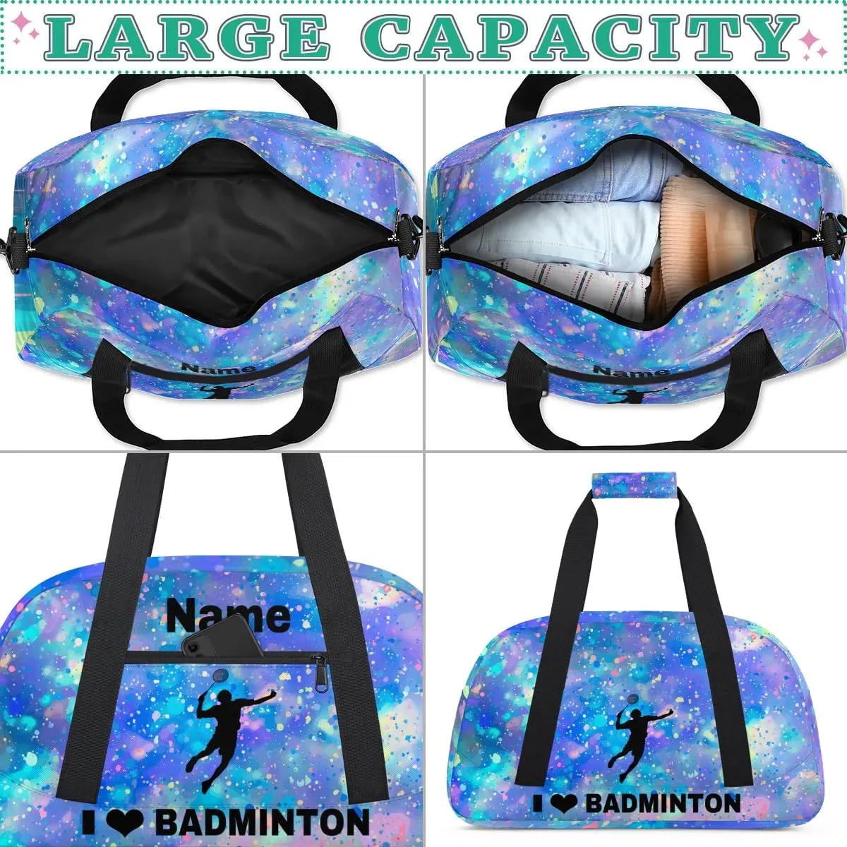Custom Sport Duffel Bag Badminton Personalized Name Sports Bag Overnight Weekender Bag Waterproof Travel Sport Gym Bags, Colorful Glitter