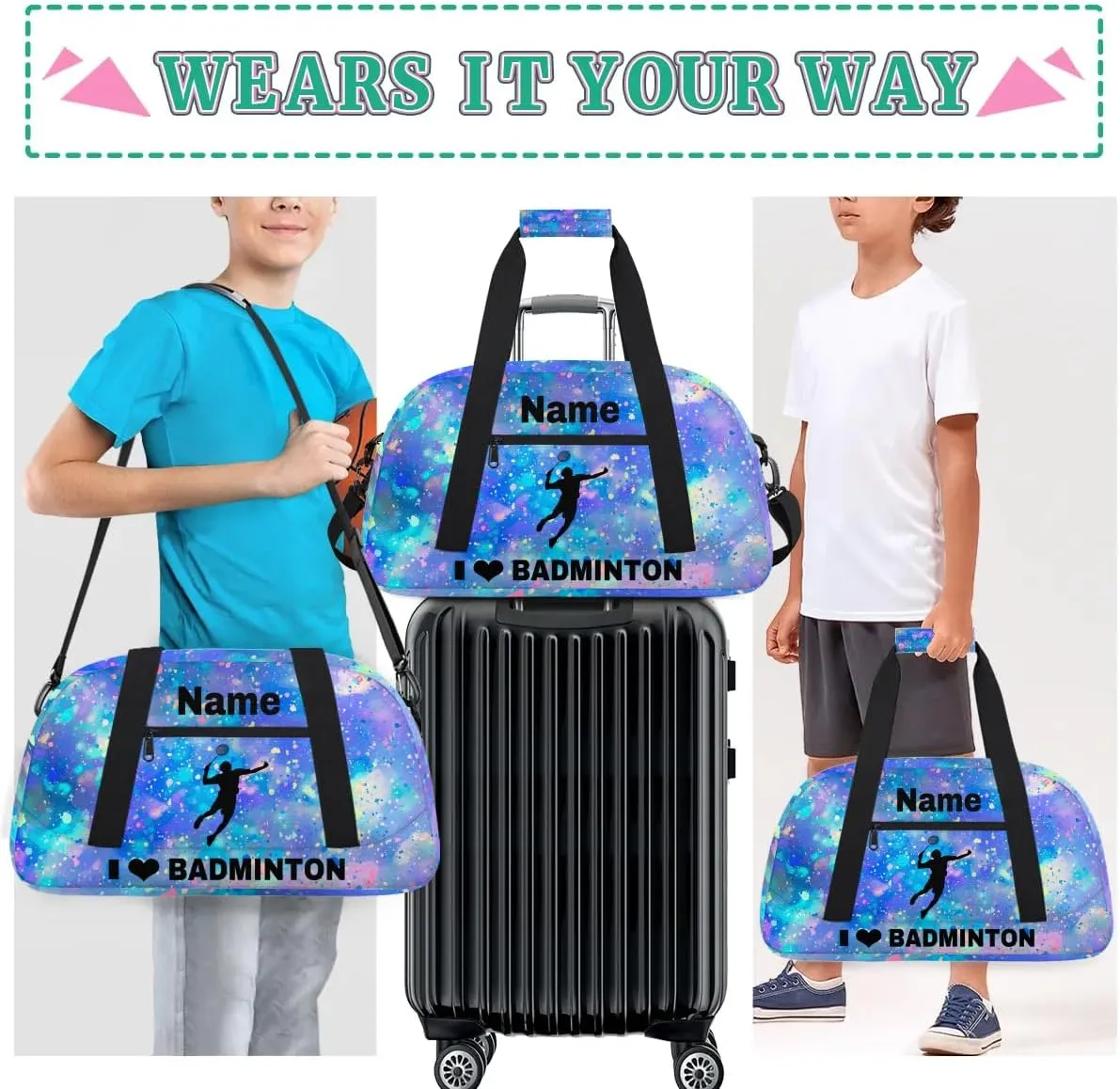 Custom Sport Duffel Bag Badminton Personalized Name Sports Bag Overnight Weekender Bag Waterproof Travel Sport Gym Bags, Colorful Glitter