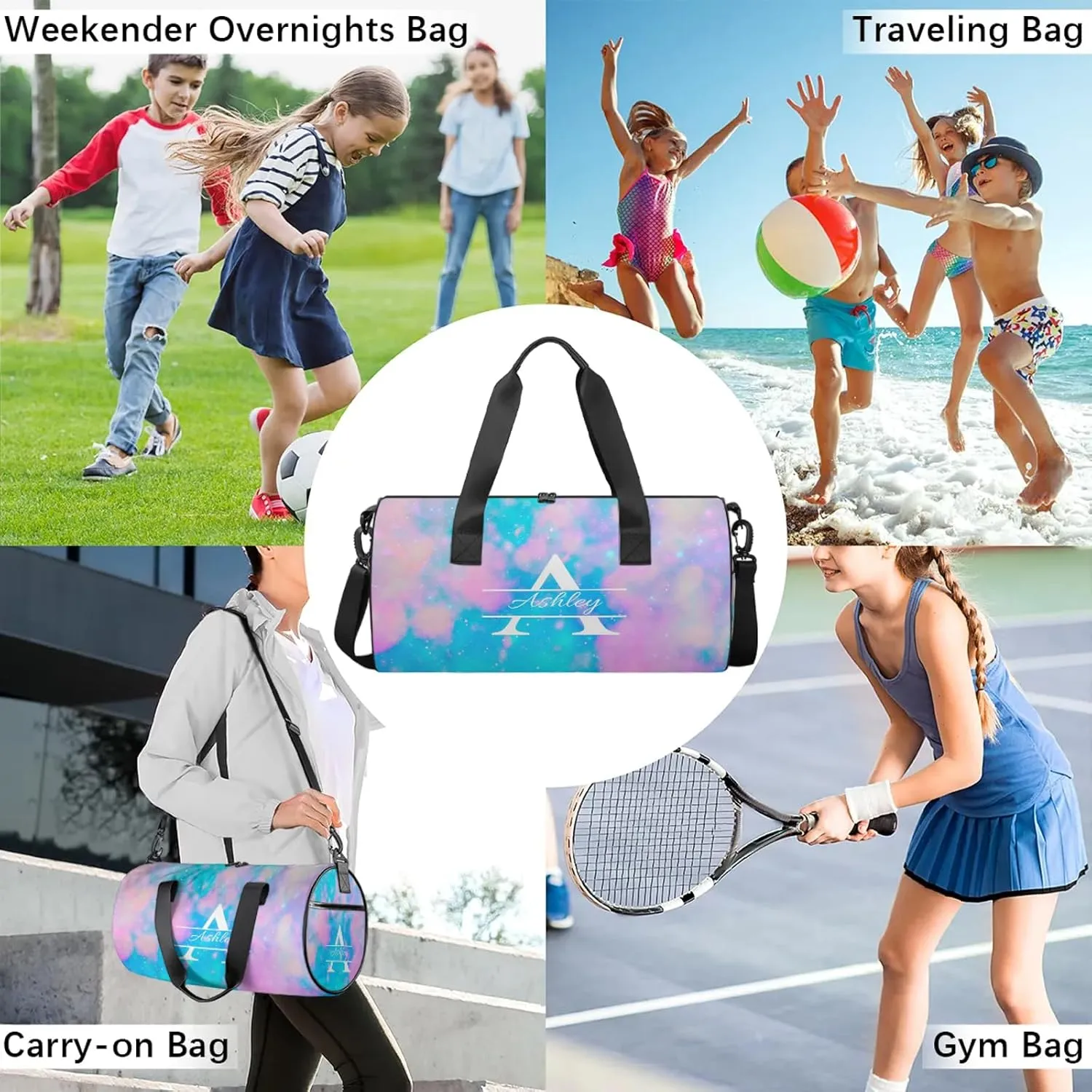 Custom Sports Duffel Bag Personalized Name Dance Gym Bag for Women Men Overnight Weekender Travel Duffel Bags Lightweight 17.6in, Blue Pink Glitter
