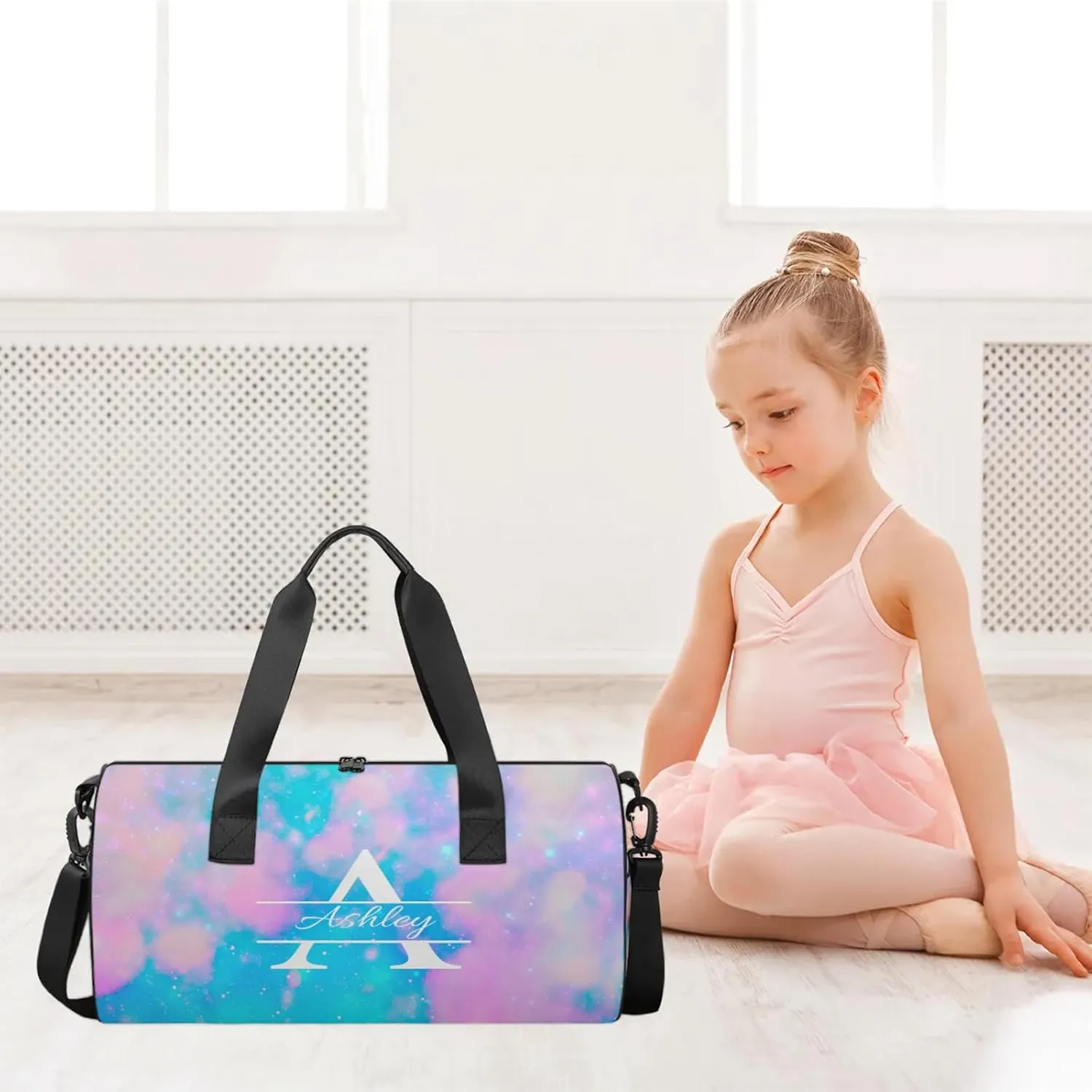 Custom Sports Duffel Bag Personalized Name Dance Gym Bag for Women Men Overnight Weekender Travel Duffel Bags Lightweight 17.6in, Blue Pink Glitter