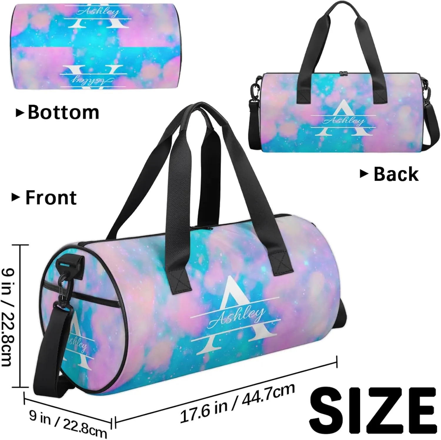 Custom Sports Duffel Bag Personalized Name Dance Gym Bag for Women Men Overnight Weekender Travel Duffel Bags Lightweight 17.6in, Blue Pink Glitter