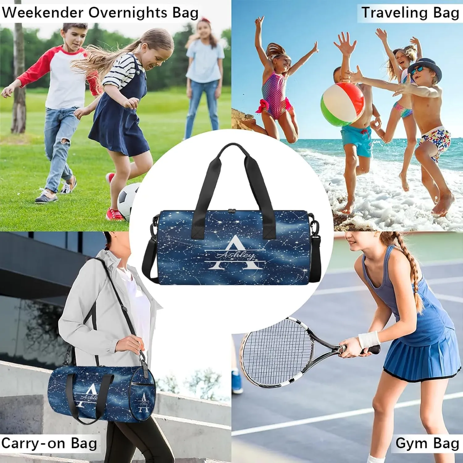 Custom Sports Duffel Bag Personalized Name Dance Gym Bag for Women Men Overnight Weekender Travel Duffel Bags Lightweight 17.6in, Dark Blue Cosmic Starry