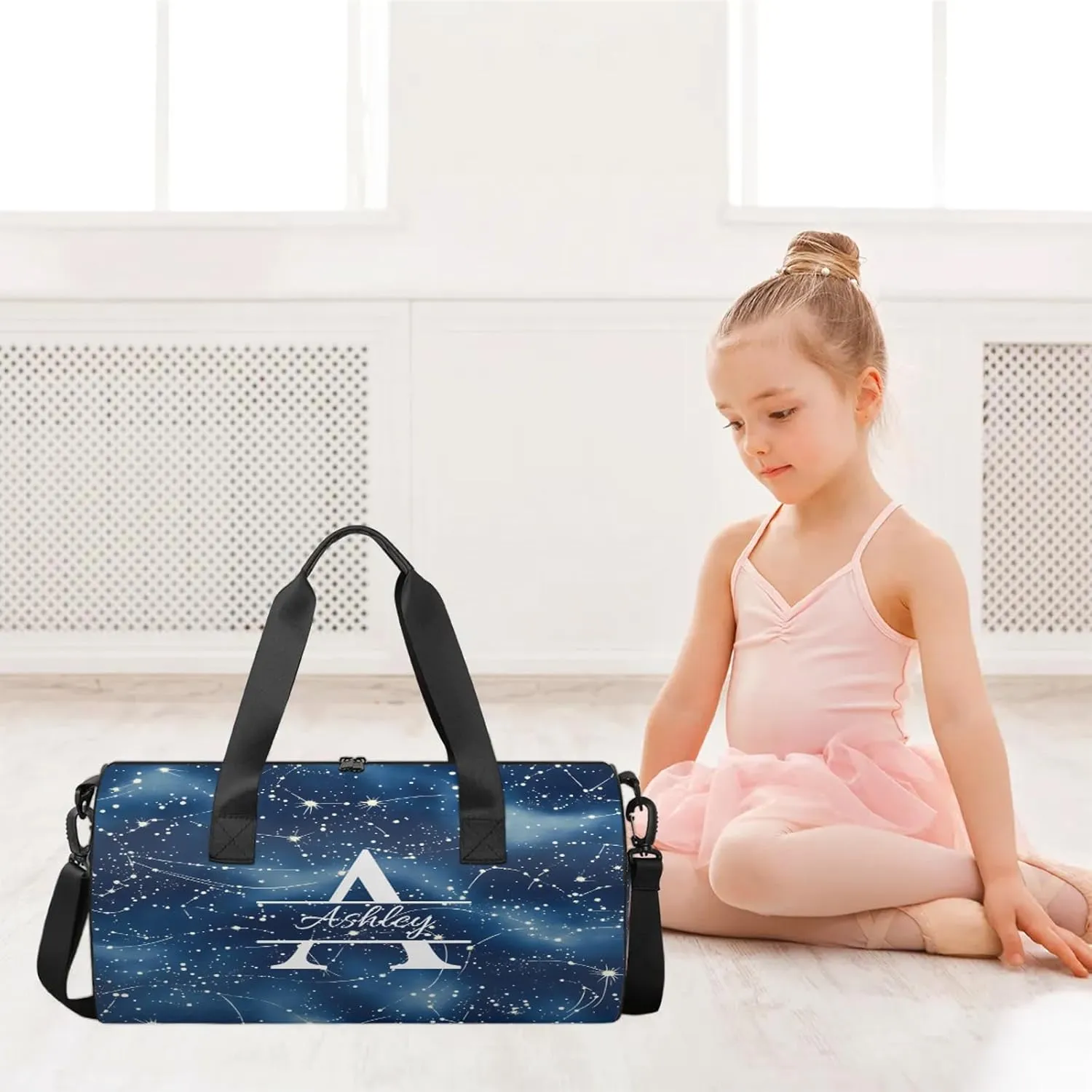 Custom Sports Duffel Bag Personalized Name Dance Gym Bag for Women Men Overnight Weekender Travel Duffel Bags Lightweight 17.6in, Dark Blue Cosmic Starry