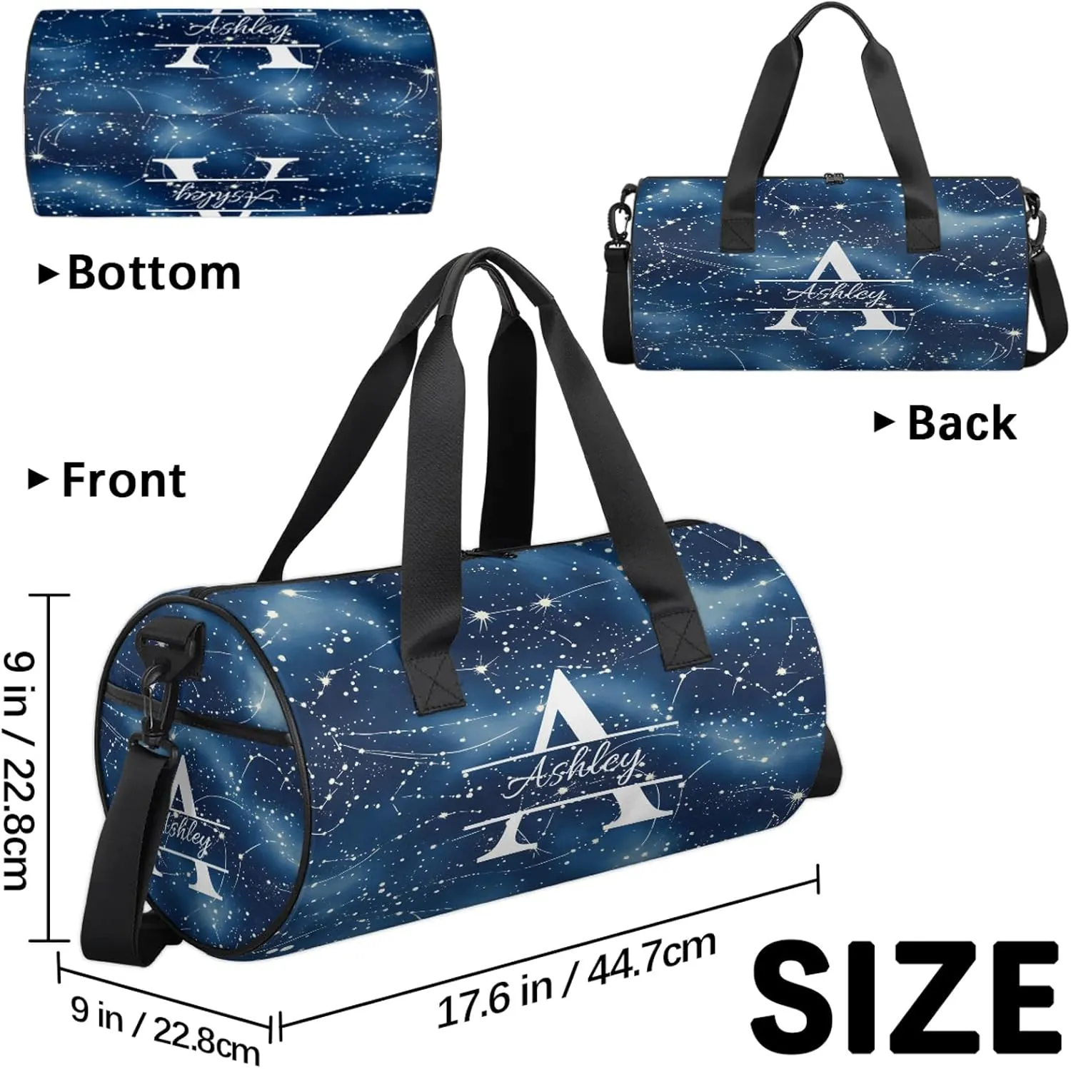 Custom Sports Duffel Bag Personalized Name Dance Gym Bag for Women Men Overnight Weekender Travel Duffel Bags Lightweight 17.6in, Dark Blue Cosmic Starry