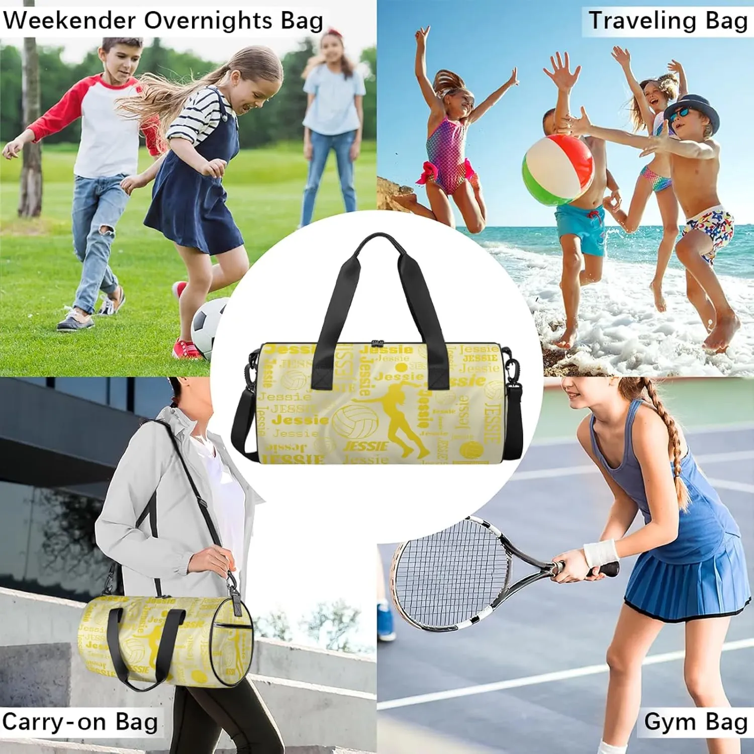 Custom Volleyball Sport Bags Personalized Sports Gym Bag with Name Overnight Weekender Duffel Bag Customized Gifts for Women Men, Gold