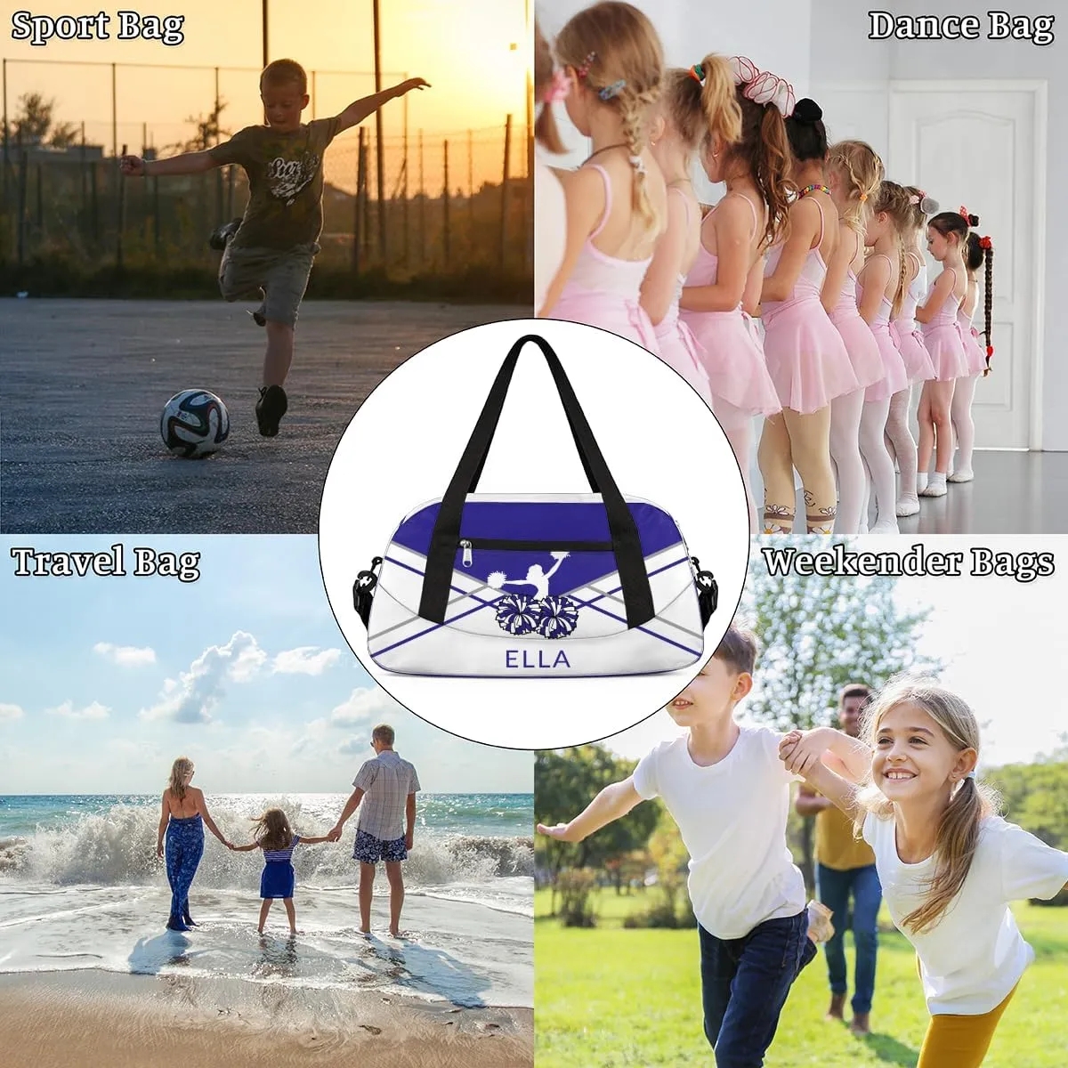 Custom Your Name Dark Blue Pom Print Personalized Text Gym Duffle Bag for Kids,Sports Bag for Teens Boys & Girls Small Waterproof Overnight Weekender Carry School Practice Travel Bag