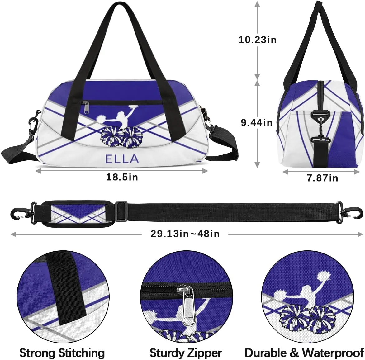 Custom Your Name Dark Blue Pom Print Personalized Text Gym Duffle Bag for Kids,Sports Bag for Teens Boys & Girls Small Waterproof Overnight Weekender Carry School Practice Travel Bag