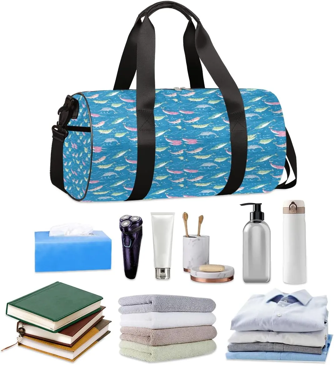 Cute Narwhale Gym Bag Small Gym Duffel Bags for Men Women Colorful Overnight Weekender Bag Lightweight Sport Duffle Bag Carry On Gymbag